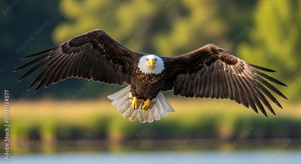 Obraz premium Bald eagle in flight with outstretched wings over a serene lake