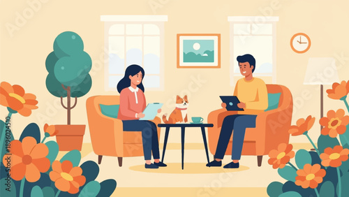 Two people in an orange living room with a small dog and flowers