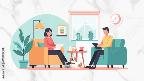 Two people in armchairs, a dog, and a coffee table in a bright living room