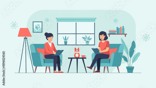 Two people in armchairs, a small dog, and a cup on a table