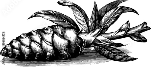 Vintage botanical study of turmeric rhizome engraving from 19th century