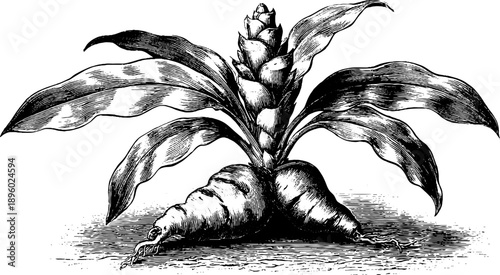 Detailed botanical study of turmeric rhizome plant in vintage 19th century style