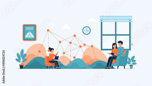 Two people interacting with a digital network and data visualization in a home setting