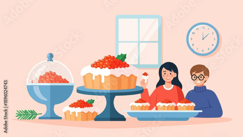 Two people joyfully sharing a festive spread of cakes and treats