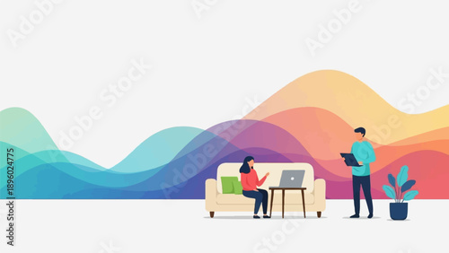 Two people interacting with technology on a couch with wavy colored background