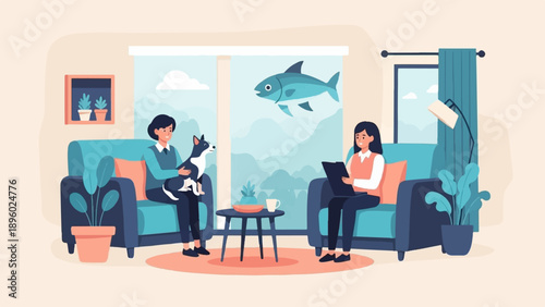 Two people on sofas with a dog and a fish image in background