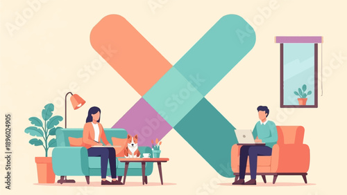 Two people, one with laptop, a dog, and plants in a modern living room setting