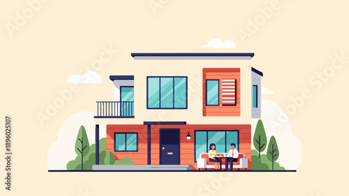 Two people relax on patio furniture outside a modern house with trees