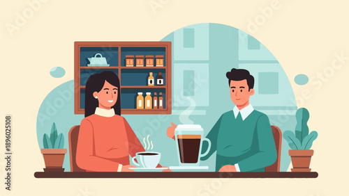 Two people enjoy coffee indoors with shelves of beverages in the background