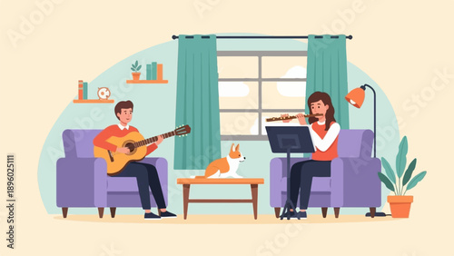 Two people play music in a cozy room with a dog