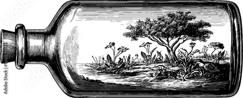 Vintage botanical scene in glass bottle engraving for interior design and decor