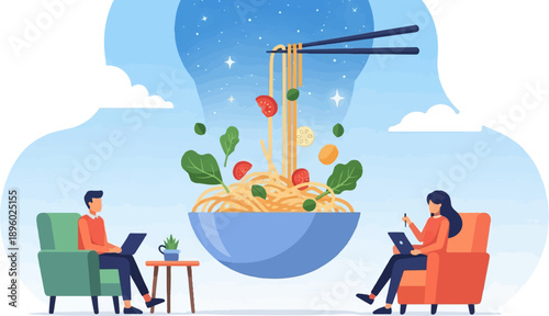 Two people relax on sofas, eating noodles from a giant bowl under a starry sky