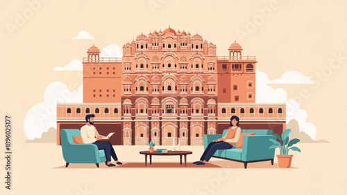 Two people relax on sofas in front of an ornate, multi-windowed palace