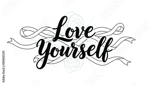Motivational phrase Love Yourself written in bold black calligraphy with delicate line art swirls on a white background.