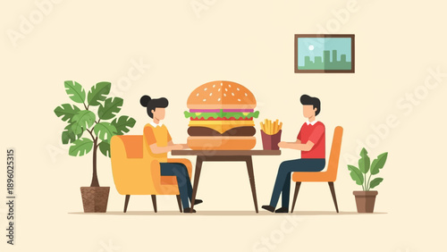 Two people sit at a table with a giant hamburger and fries