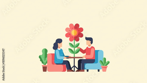 Two people sit at a table with a large flower between them