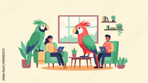 Two people relax with laptops near large parrots in a cozy living room