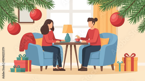 Two people sit at a table with gifts and Christmas tree branches overhead
