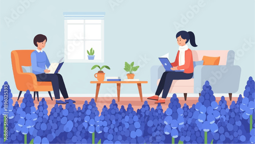 Two people read books indoors, surrounded by blooming blue flowers