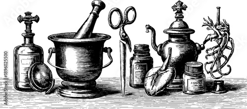 Vintage medical instruments and botanical engraving sketch for retro design