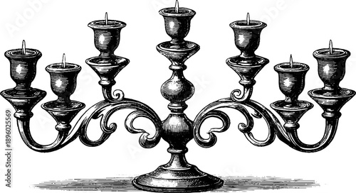 Vintage metal candelabra with botanical elements decor - hand-drawn engraving design