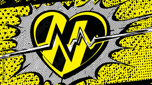 Pop art style heart featuring a yellow M within a heart, with a white streak and dot background