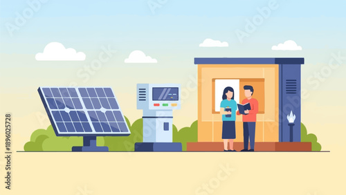 Two people examine solar panels and an information kiosk beside a building