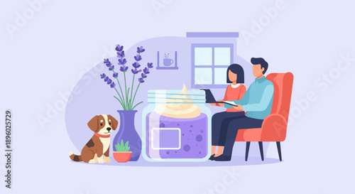 Two people sit in an armchair using a laptop, with a dog, lavender, and jar