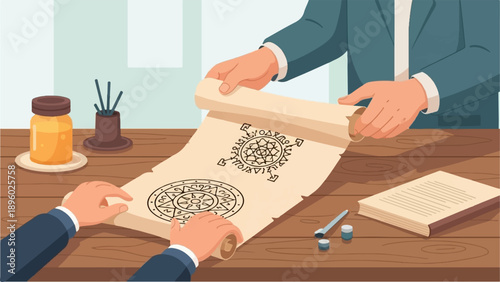 Two people examine ancient scrolls with intricate mystical symbols on a wooden table