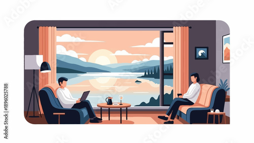 Two people relax indoors, enjoying a serene lake and mountain sunset view