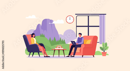 Two people relaxing in armchairs, with a laptop and a small dog