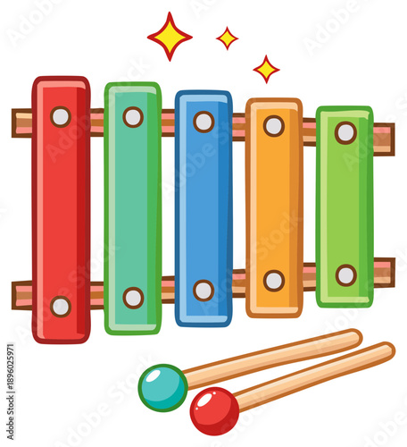 Cheerful xylophone cartoon illustration with vibrant colors and mallets, perfect for musical education and childhood themes