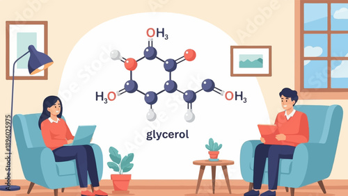 Two people in comfortable chairs, studying the chemical structure of glycerol