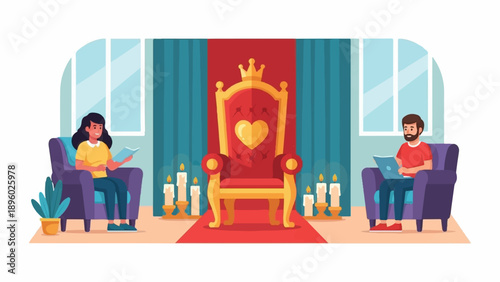 Two people reading in armchairs flanking a royal throne adorned with a heart