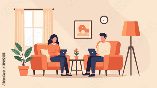 Two people relax indoors on couches with laptops, with a plant, clock, and lamp