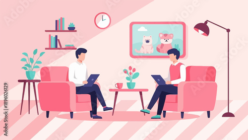 Two people relaxing in pink armchairs with laptops and artwork