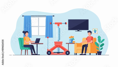 Two people relax and work at home with a TV and exercise equipment