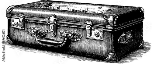 Ornate vintage suitcase with botanical engraving - retro travel design