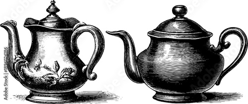 Vintage botanical teapot design with intricate ceramic engraving for retro decor