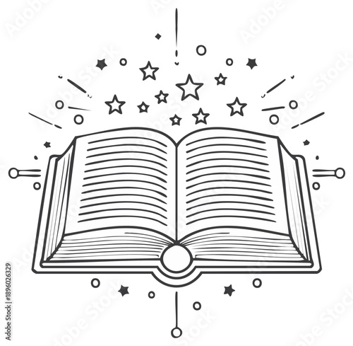 Open Book Surrounded by Stars Sparkles Hand Drawn Vector Illustration