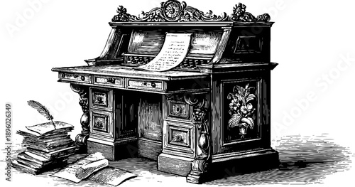 Vintage writing desk with quill and botanical engraving for historical design
