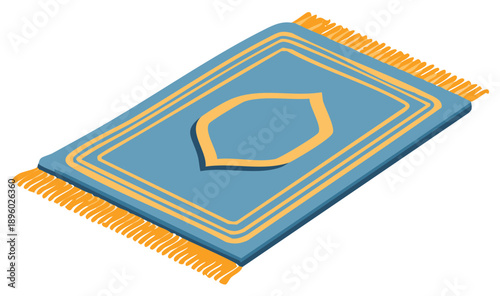 Vibrant blue prayer mat featuring traditional Islamic geometric pattern and golden fringed borders