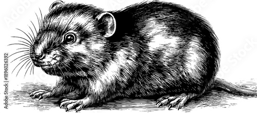 Vintage botanical engraving of a meadow vole for animal study