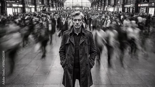 Man standing still amidst blurred crowd in a busy train station, captured from a high vantage point