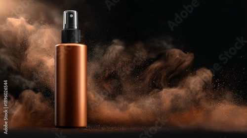 A Minimalist Brown Bottle Against a Dark Background with Fine Dust Particles Illuminated by Soft Light