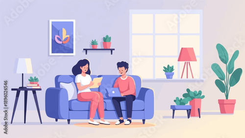 Two people in a living room, one working on a laptop and the other reviewing a document