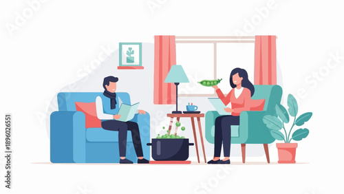 Two people relax indoors, one reading, the other holding peas