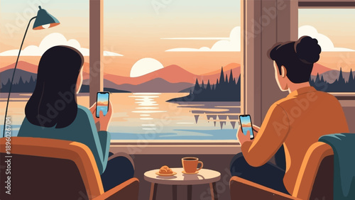 Two people sit in armchairs, looking at phones, watching sunset over lake