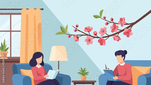 Two people relaxing indoors with cherry blossoms blooming outside a window