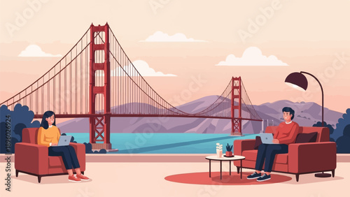 Two people relax indoors using laptops with a famous bridge view